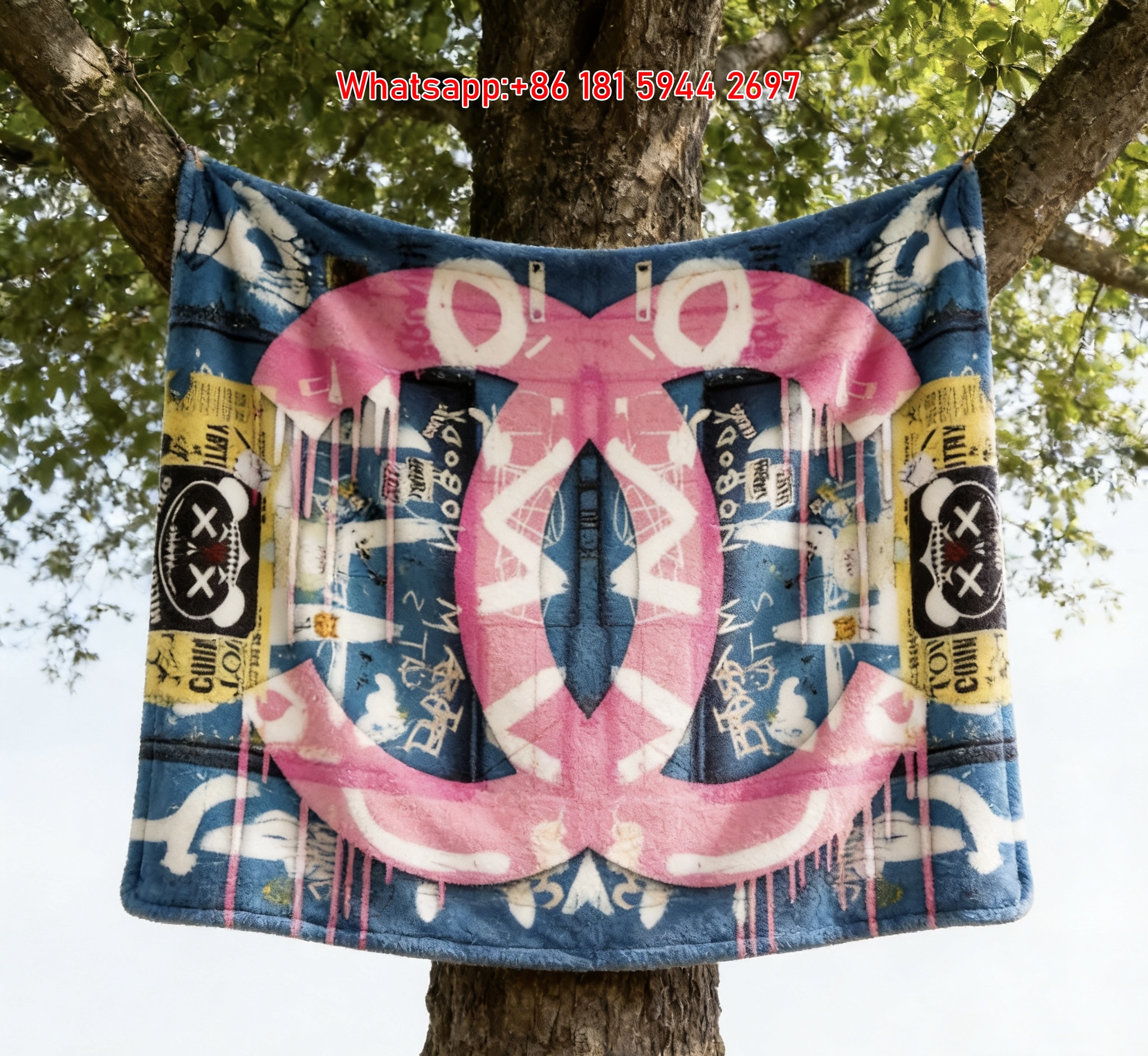 Chanel Luxury Pink Blue Graffiti Drip Logo Flannel Throw Blanket IMG_6941